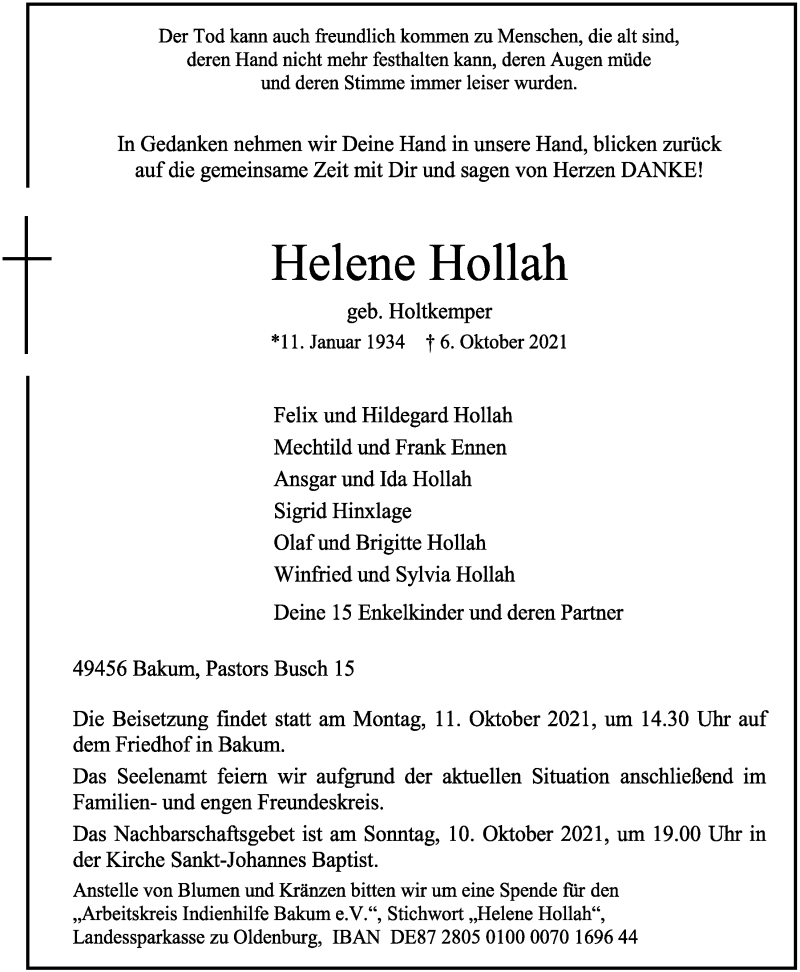  Traueranzeige für Helene Hollah vom 08.10.2021 aus OM-Medien