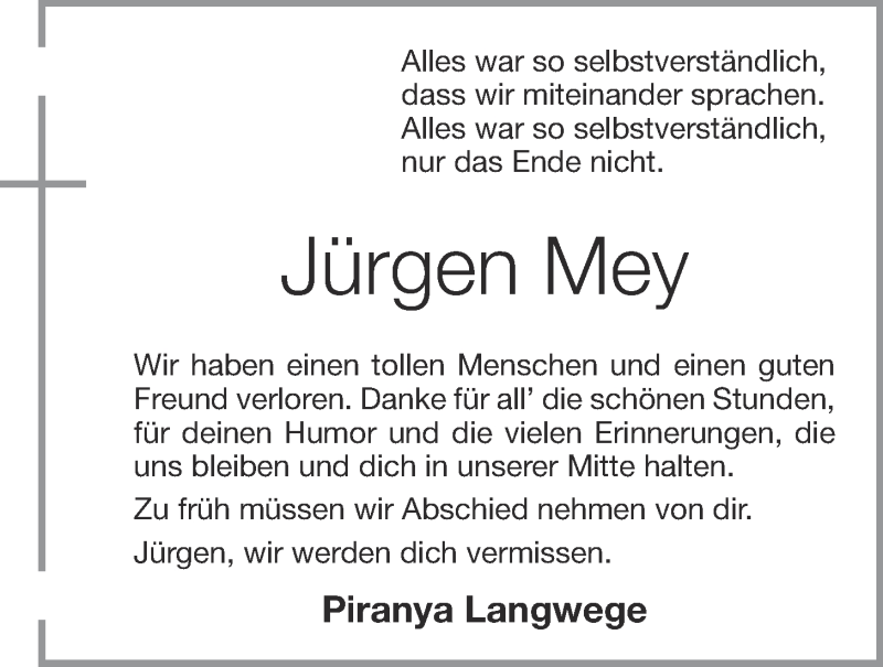  Traueranzeige für Jürgen Mey vom 14.10.2021 aus OM-Medien