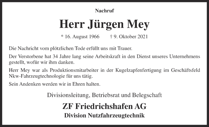  Traueranzeige für Jürgen Mey vom 12.10.2021 aus OM-Medien