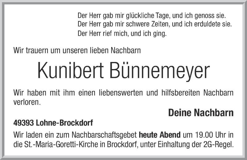  Traueranzeige für Kunibert Bünnemeyer vom 21.10.2021 aus OM-Medien