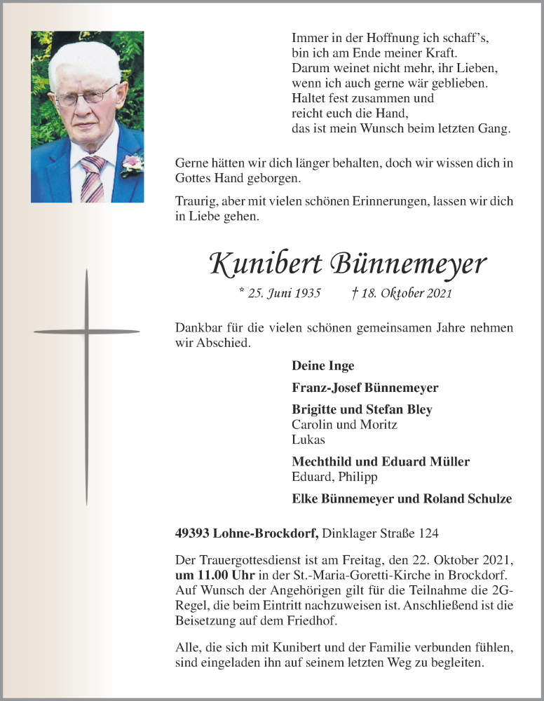  Traueranzeige für Kunibert Bünnemeyer vom 20.10.2021 aus OM-Medien