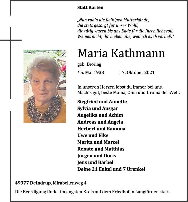  Traueranzeige für Maria Kathmann vom 11.10.2021 aus OM-Medien