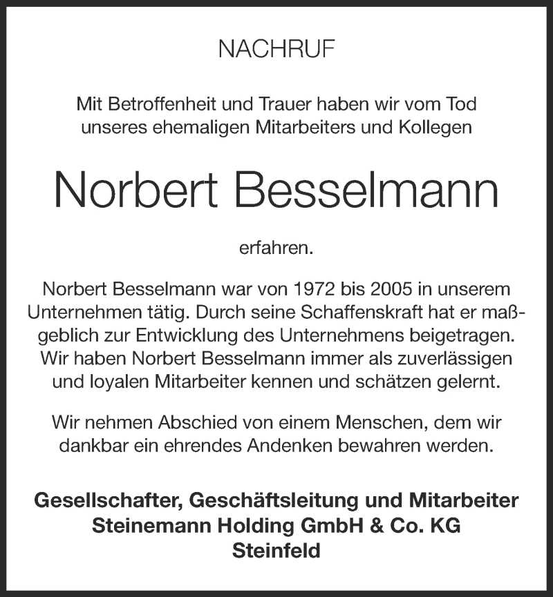  Traueranzeige für Norbert Besselmann vom 13.10.2021 aus OM-Medien