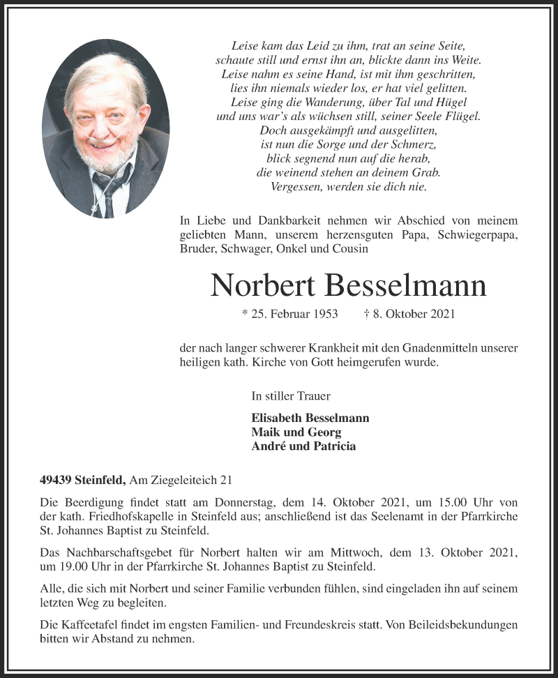  Traueranzeige für Norbert Besselmann vom 09.10.2021 aus OM-Medien
