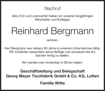 Anzeige von Reinhard Bergmann von OM-Medien