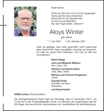 Anzeige von Aloys Winter von OM-Medien