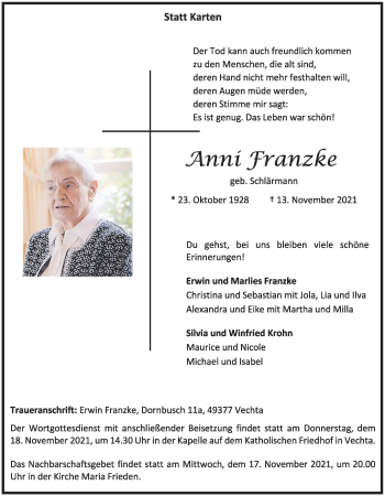 Anzeige von Anni Franzke von OM-Medien