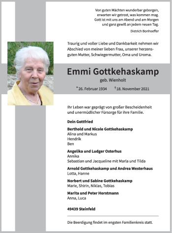 Anzeige von Emmi Gottkehaskamp von OM-Medien