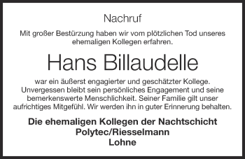 Anzeige von Hans Billaudelle von OM-Medien