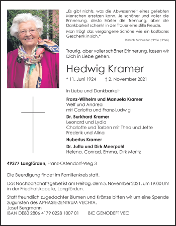 Anzeige von Hedwig Kramer von OM-Medien