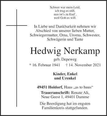Anzeige von Hedwig Nerkamp von OM-Medien