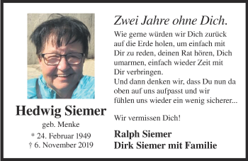 Anzeige von Hedwig Siemer von OM-Medien