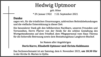 Anzeige von Hedwig Uptmoor von OM-Medien