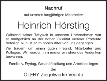 Anzeige von Heinrich Hörsting von OM-Medien