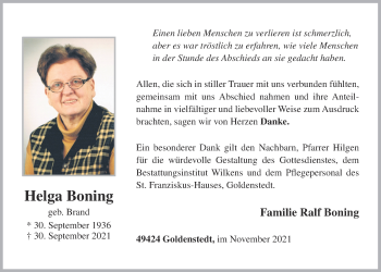Anzeige von Helga Boning von OM-Medien
