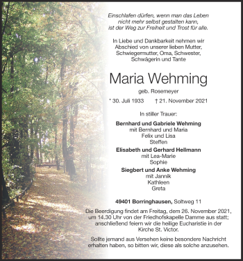 Anzeige von Maria Wehming von OM-Medien