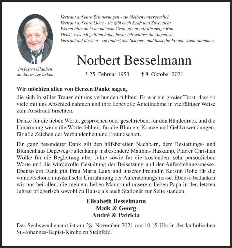  Traueranzeige für Norbert Besselmann vom 27.11.2021 aus OM-Medien