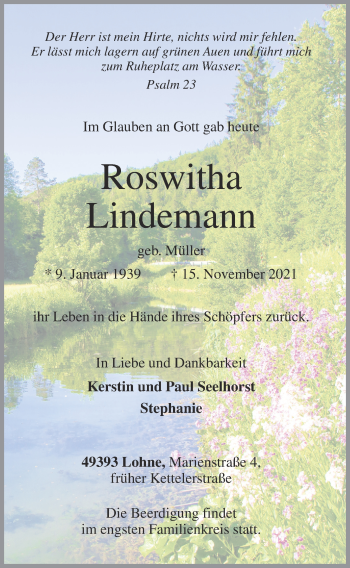 Anzeige von Roswitha Lindemann von OM-Medien