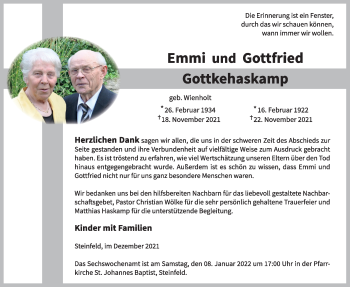 Anzeige von Emmi und Gottfried Gottkehaskamp von OM-Medien