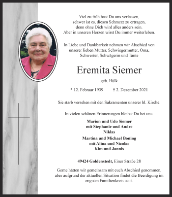 Anzeige von Eremita Siemer von OM-Medien