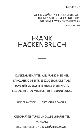 Anzeige von Frank Hackenbruch von OM-Medien