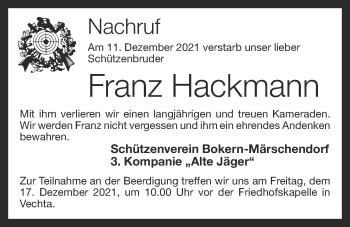 Anzeige von Franz Hackmann von OM-Medien