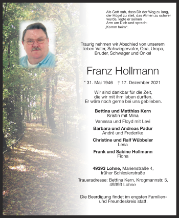 Anzeige von Franz Hollmann von OM-Medien