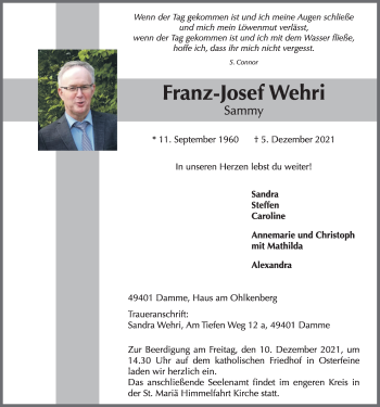 Anzeige von Franz-Josef Wehri von OM-Medien
