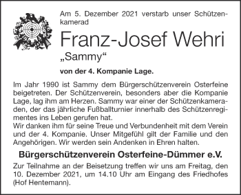Anzeige von Franz-Josef Wehri von OM-Medien