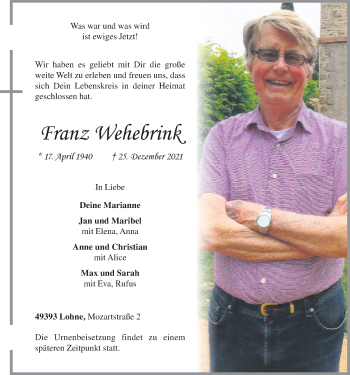 Anzeige von Franz Wehebrink von OM-Medien