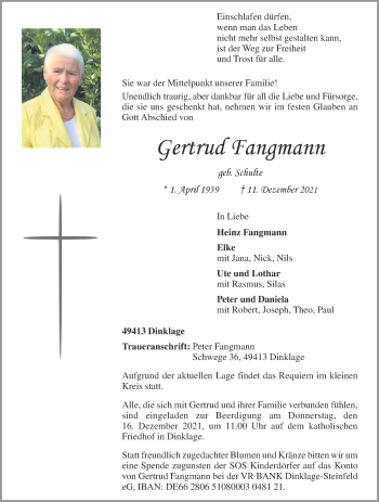 Anzeige von Gertrud Fangmann von OM-Medien