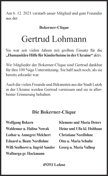 Anzeige von Gertrud Lohmann von OM-Medien