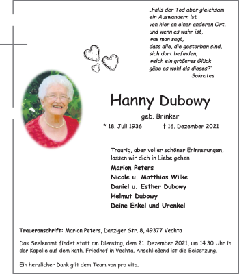 Anzeige von Hanny Dubowy von OM-Medien