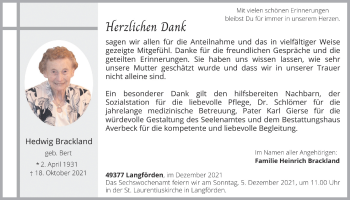 Anzeige von Hedwig Brackland von OM-Medien