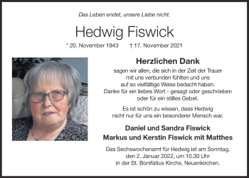 Anzeige von Hedwig Fiswick von OM-Medien