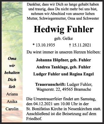 Anzeige von Hedwig Fuhler von OM-Medien