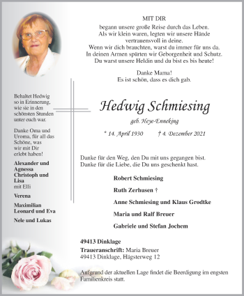Anzeige von Hedwig Schmiesing von OM-Medien
