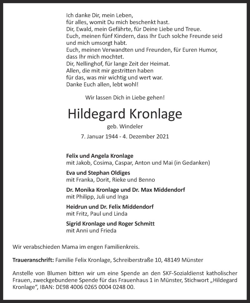  Traueranzeige für Hildegard Kronlage vom 11.12.2021 aus OM-Medien