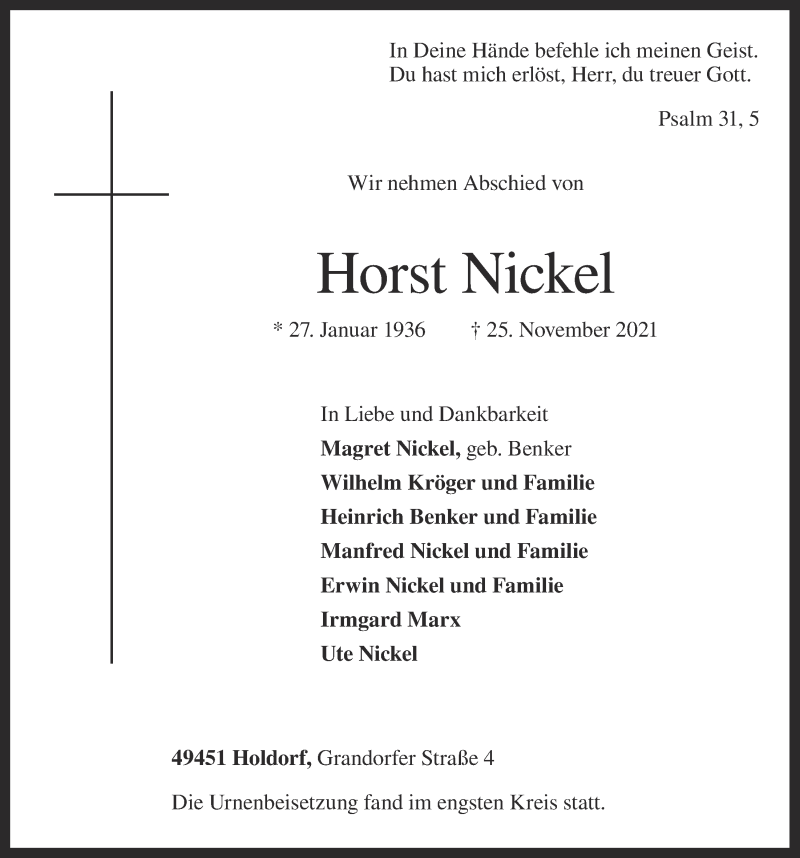  Traueranzeige für Horst Nickel vom 13.12.2021 aus OM-Medien