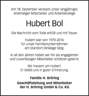 Anzeige von Hubert Bol von OM-Medien