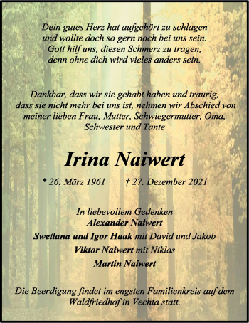 Anzeige von Irina Naiwert von OM-Medien