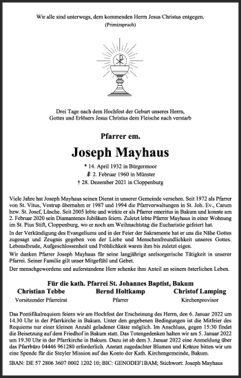 Anzeige von Joseph Mayhaus von OM-Medien