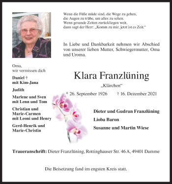 Anzeige von Klara Franzlüning von OM-Medien