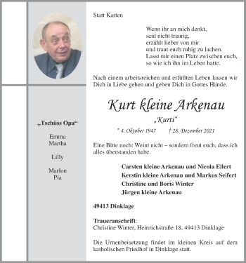 Anzeige von Kurt kleine Arkenau von OM-Medien