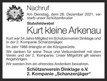 Anzeige von Kurt kleine Arkenau von OM-Medien