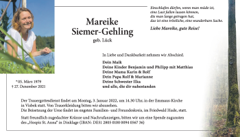 Anzeige von Mareike Siemer-Gehling von OM-Medien