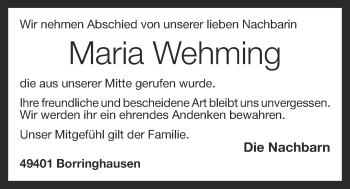 Anzeige von Maria Wehming von OM-Medien