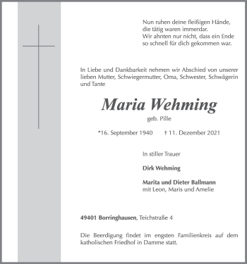 Anzeige von Maria Wehming von OM-Medien