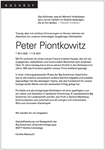 Anzeige von Peter Piontkowitz von OM-Medien
