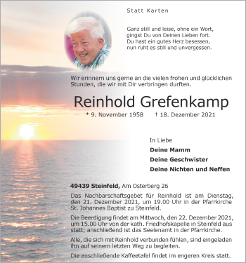 Anzeige von Reinhold Grefenkamp von OM-Medien